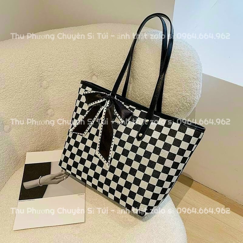 Túi Xách Nữ, Túi Công Sở Nơ Đi Chơi, Đi Làm Hoạ Tiết Kẻ Ô Size To Đựng Được Nhiều Đồ (tặng kèm khăn)