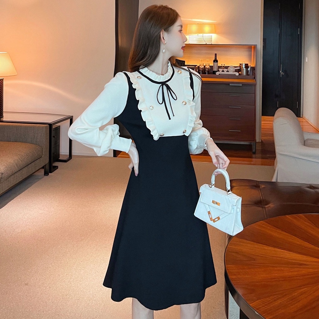 Váy đầm len liền thân cổ nơ Ngực bèo trắng chân yếm màu đen Hàng cao cấp siez 40-60kg