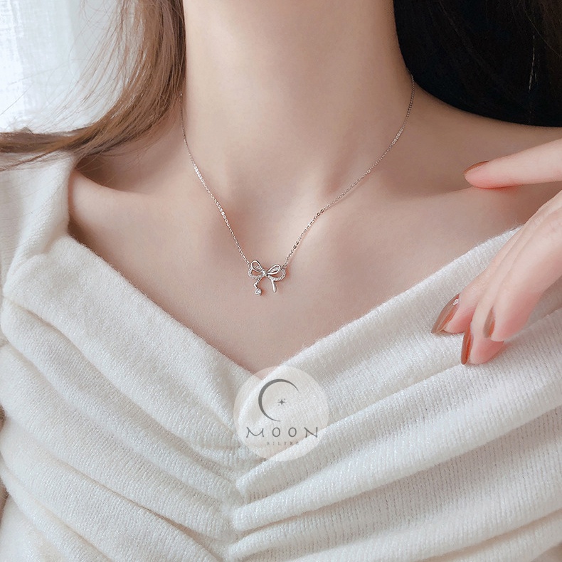 Dây chuyền bạc nữ Moon Silver , vòng cổ bạc nữ 925 nơ đính đá nữ tính