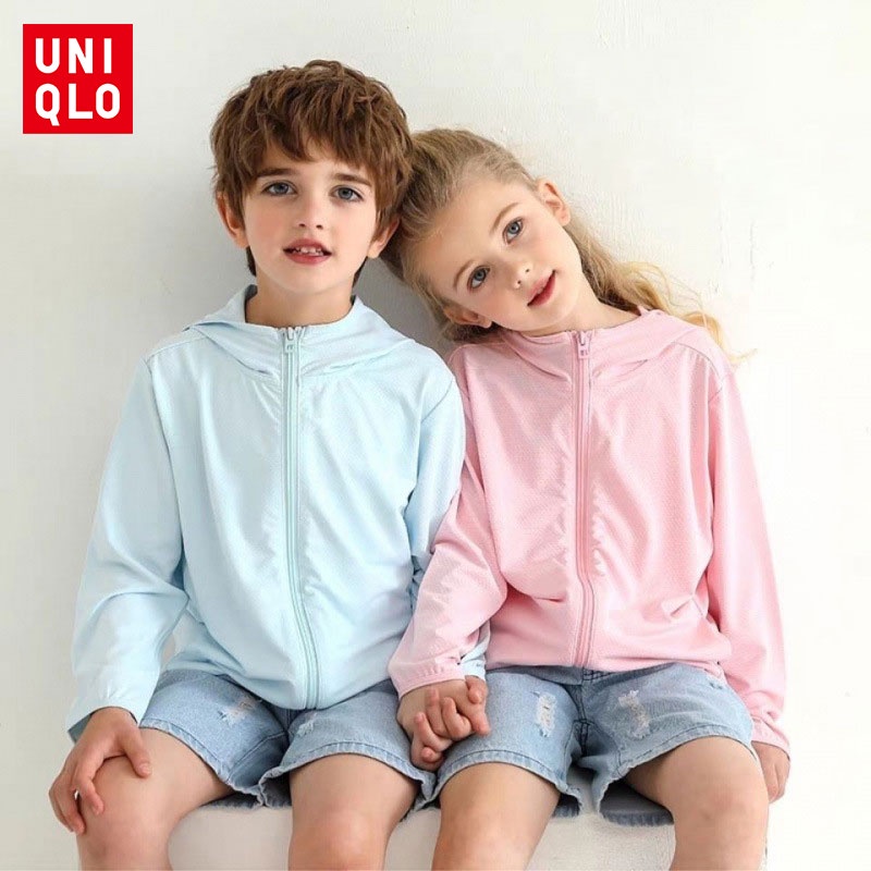 Uniqlo Áo Khoác Chống Nắng Tay Dài Có Mũ Trùm Đầu Dễ Thương Cho Bé Gái