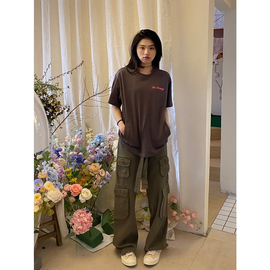 Quần jean nữ Xiaozhainv ống suông rộng cạp cao phối túi hộp cá tính