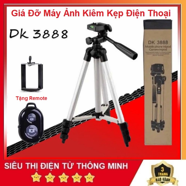 Tripod Ba Chân DK-3888, Tặng Remote Kết Nối Bluetooth - Dùng Cho Máy Ảnh Và ĐT - Tripod Bằng Nhôm 1M - Bảo Hành 6 Tháng