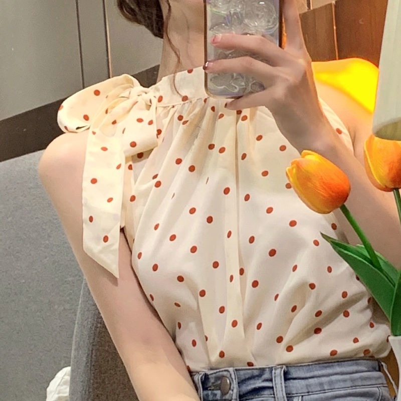 Áo Sơ Mi Sát Nách Cổ Yếm Họa Tiết Chấm Bi Thời Trang Mùa Hè Cho Nữ