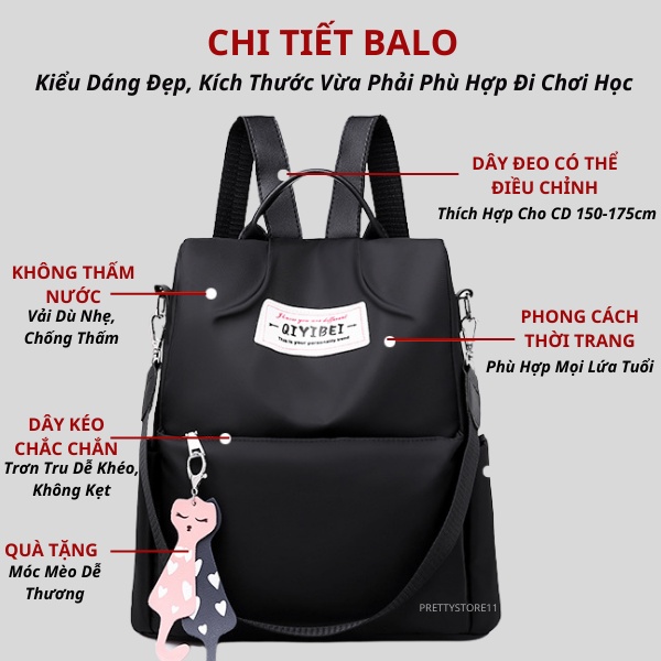 Balo nữ vải dù siêu bền chống thấm chống nước phong cách thời trang Hàn Quốc trẻ trung, tặng kèm móc mèo