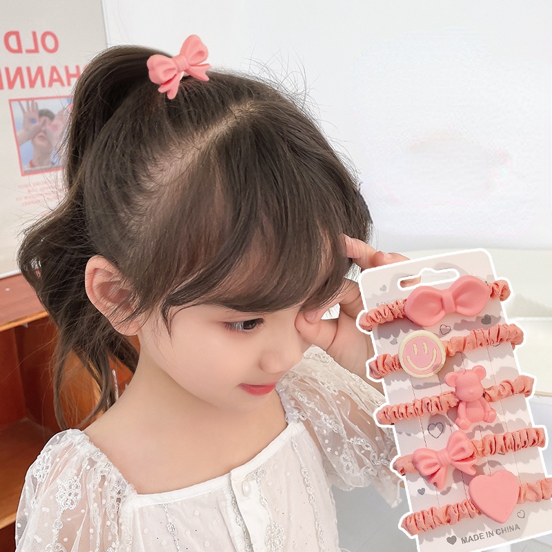 Set 5 Dây Buộc Tóc Cao Su Co Giãn Màu Sắc Trơn Phong Cách Hàn Quốc Dành Cho Trẻ Em