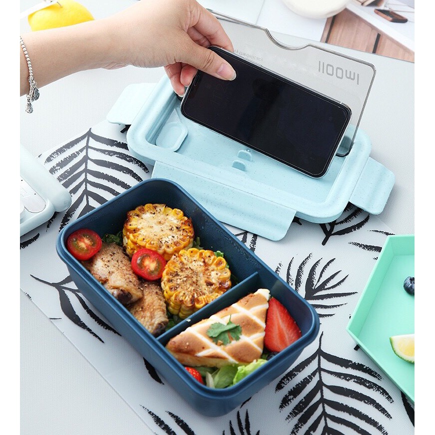 Hộp cơm văn phòng giữ nhiệt 2 ngăn Lunch Box 1100ml tặng kèm đũa thìa lúa mạch