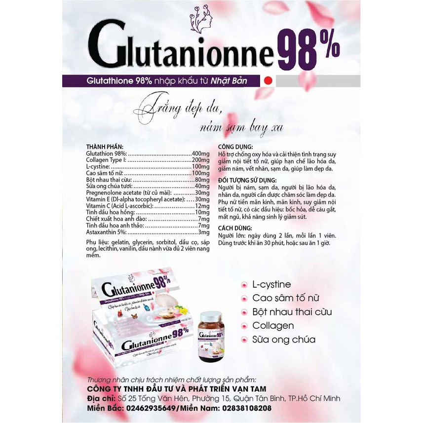 Viên uống Bổ Sung Collagen Trắng Da Mờ Nám Glutanionne 98% Vạn Tam Chống Lão Hóa Lưu Hương Tự Nhiên Và Điều Hòa Nội Tiết