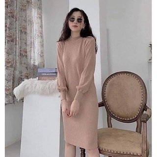 Váy dáng suông tay bo chun chất len tăm cổ cao Đầm dài cổ tròn