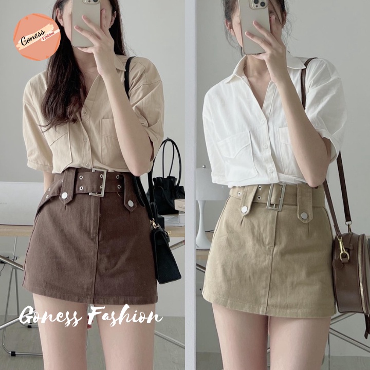 Chân váy Denim jean Goness dáng ngắn chữ a lưng cao body kèm thắt lưng bản to nhiều màu đẹp