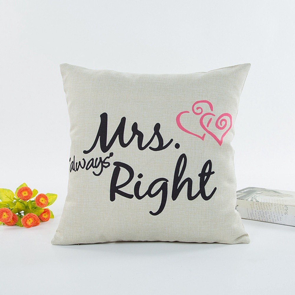 Vỏ gối trang trí sofa in chữ Mr Mrs Right và trái tim dễ thương K17