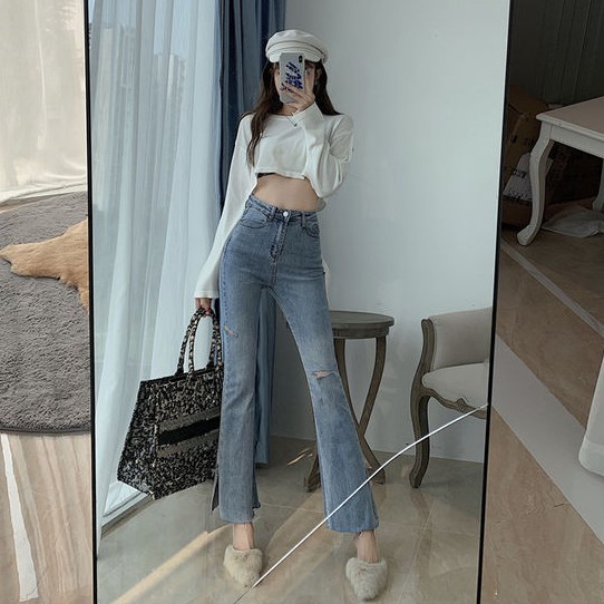 Quần Jeans nữ ống loe cạp cao Ulzzang