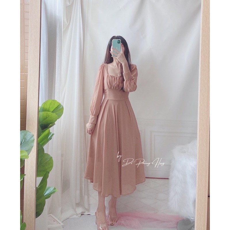 ẢNH THẬT_Đầm Midi Voan Chiffon Cổ Vuông Ngực Xếp Ly Freesize 40-60kg SP1361