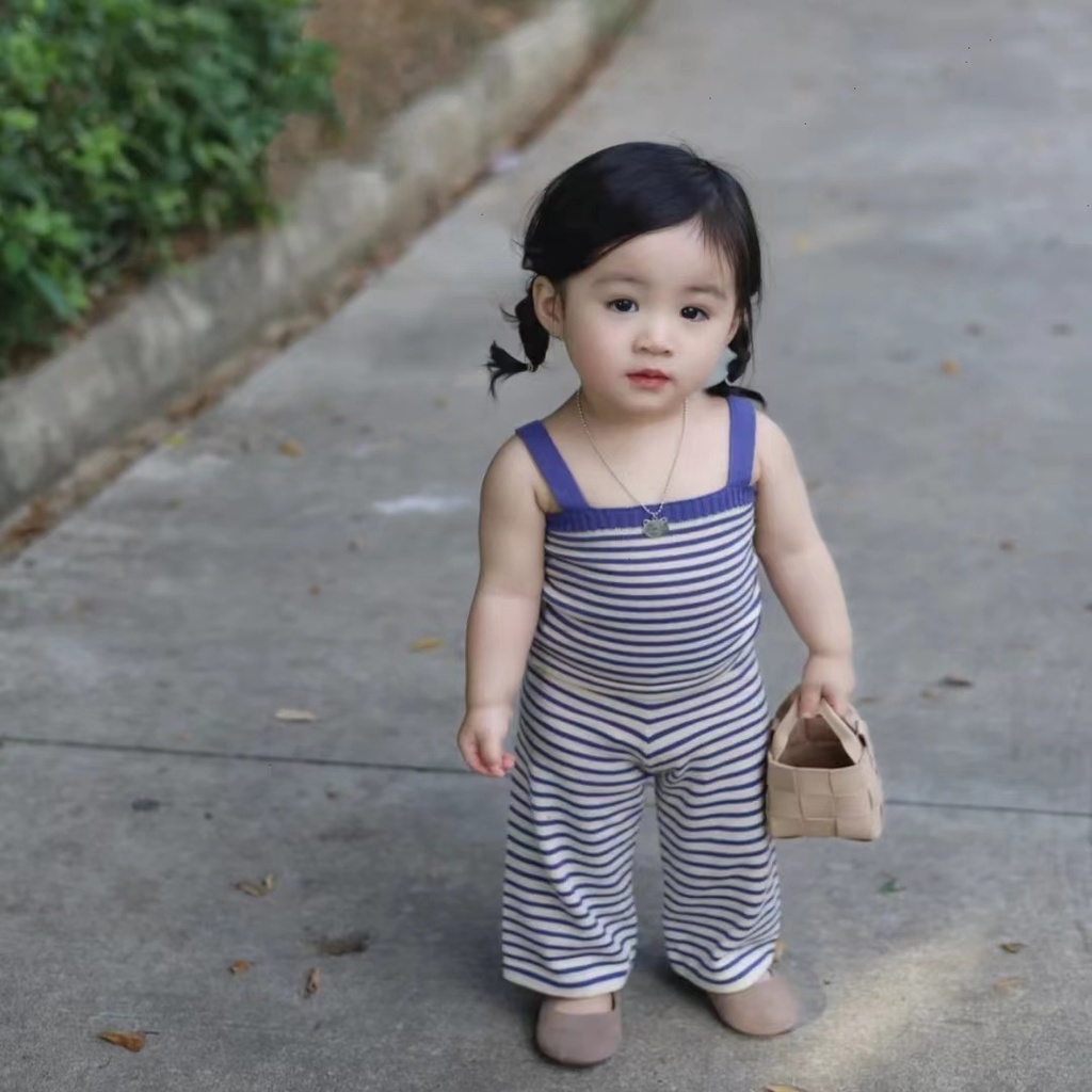 Hàng Mới Về Mới Set Áo Thun Ngắn Tay Và Đầm Yếm Họa Tiết Kẻ Sọc Phong Cách Hàn Quốc Dành Cho Bé Gái