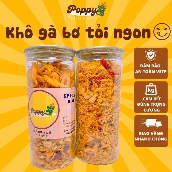 Khô gà bơ tỏi đồ ăn vặt ngon POPPY, đậm vị, vệ sinh an toàn thực phẩm, hủ cao cấp 2 nắp, đóng hộp 300g