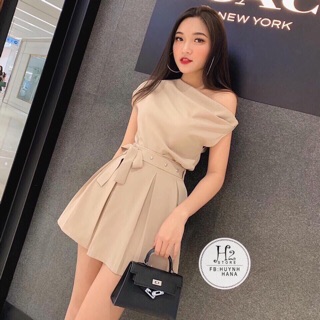 Đầm xoè lệch vai cột nơ eo kết cườm xinh xắn