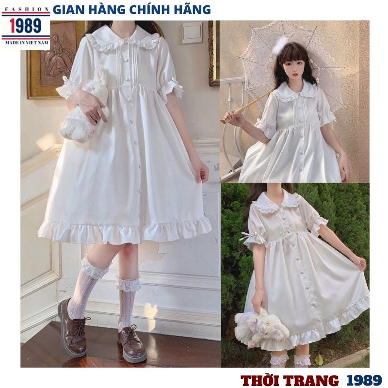 Đầm babydoll nữ trắng công chúa tiểu thư bánh bèo cổ nơ xinh-HER-1989