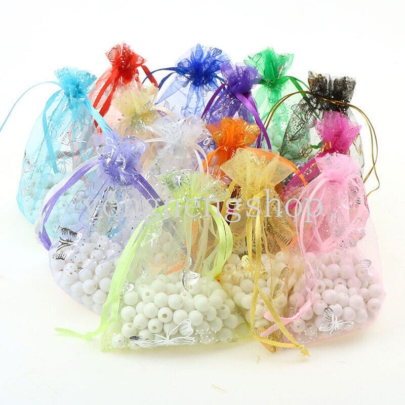 Set 100 Túi Lưới Rút Dây Đựng Kẹo Trang Sức Họa Tiết Bướm Cho Tiệc Cưới