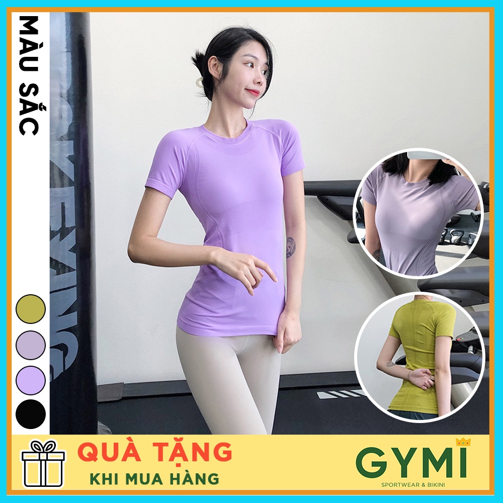 Áo tập gym yoga nữ GYMI AC28 dáng ngắn tay cạp dài phủ bụng chất dệt kim thể thao co giãn thấm hút