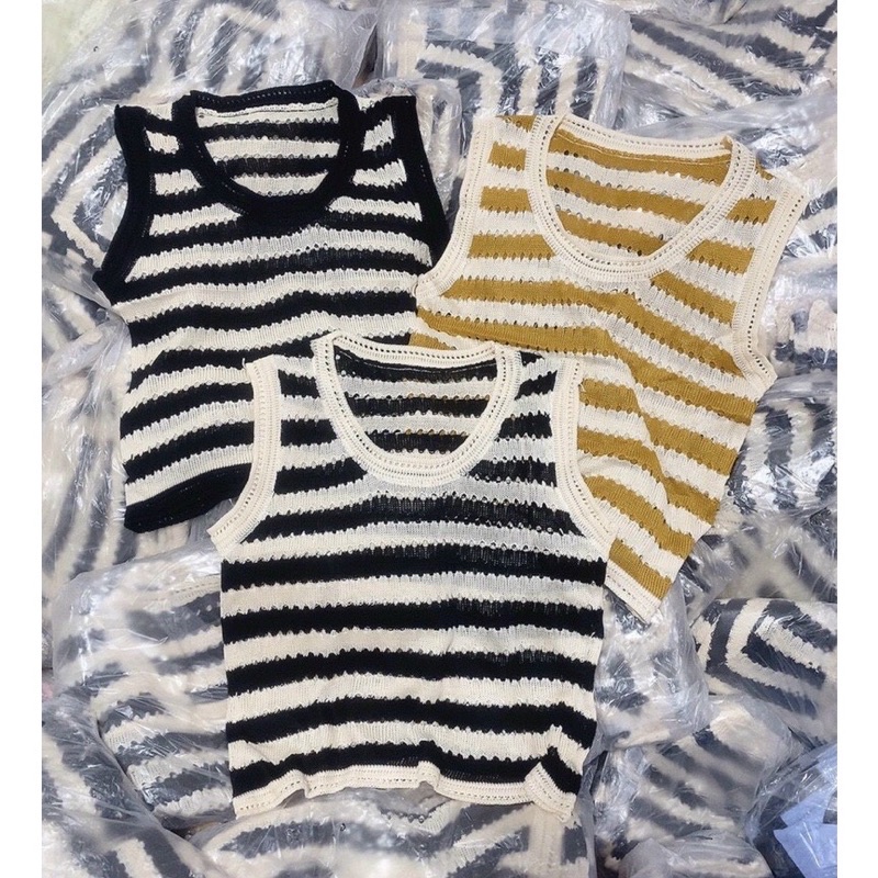 Áo 3 lỗ croptop phom rộng nữ kẻ 3 màu đen/xanh/cam dệt kim tay ngắn xúng xính cho nàng dạo phố cực dễ mix đồ