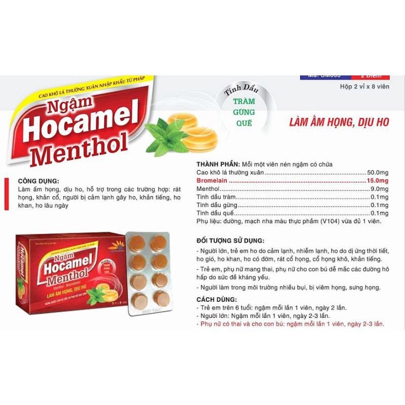 Viên ngậm Hocamel Menthol làm ấm họng, dịu ho dùng được cho mẹ bầu và sau sinh hộp 3 vỉ (24 viên)