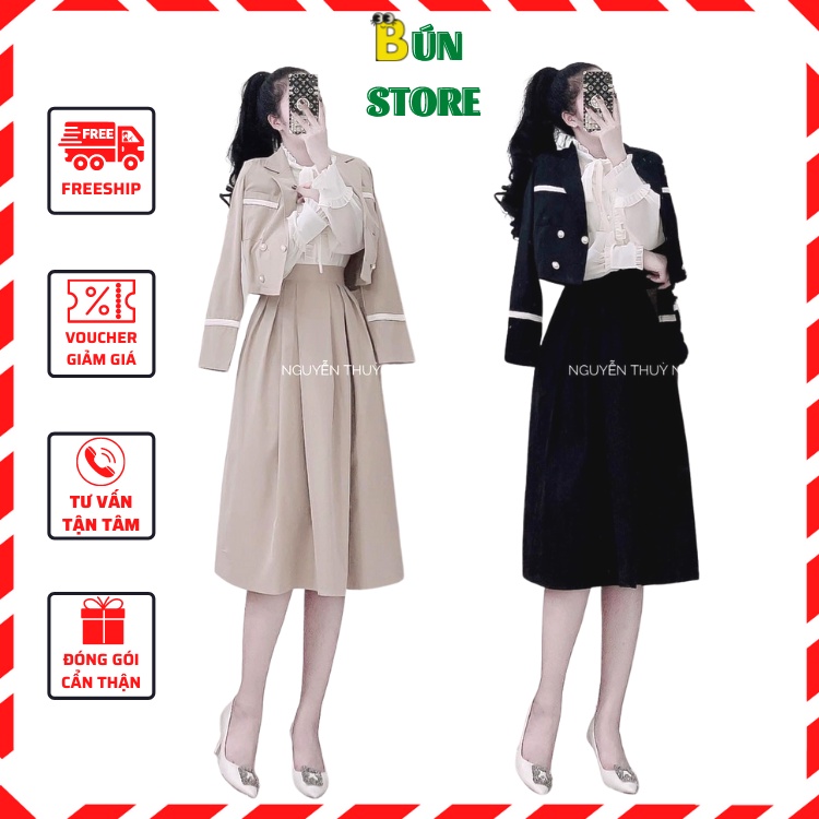 Set áo vest nữ mix chân váy kèm sơ mi cổ nơ