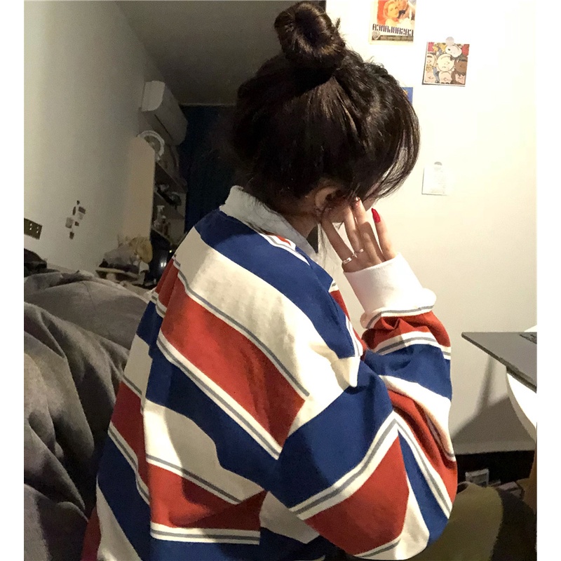 SUXI Áo thun cổ polo họa tiết kẻ sọc dáng rộng phong cách Hàn Quốc năng động cho nữ