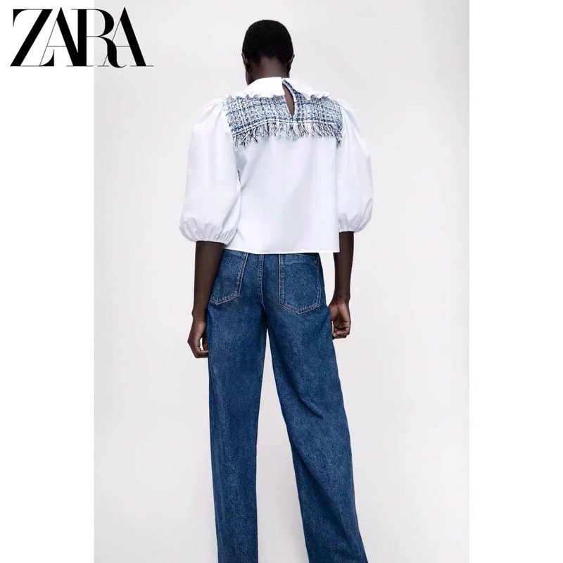 Áo sơ mi nữ Zara tay phồng new best seller 2021 cổ sen croptop