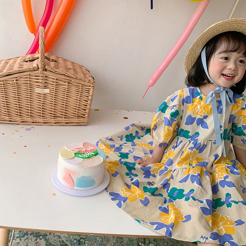 Đầm Công Chúa Mùa Hè Tay Ngắn Phồng Cổ Tròn Dáng Rộng Thời Trang Hàn Quốc Thân Thiện Với Da Thoáng Khí Cho Bé Gái