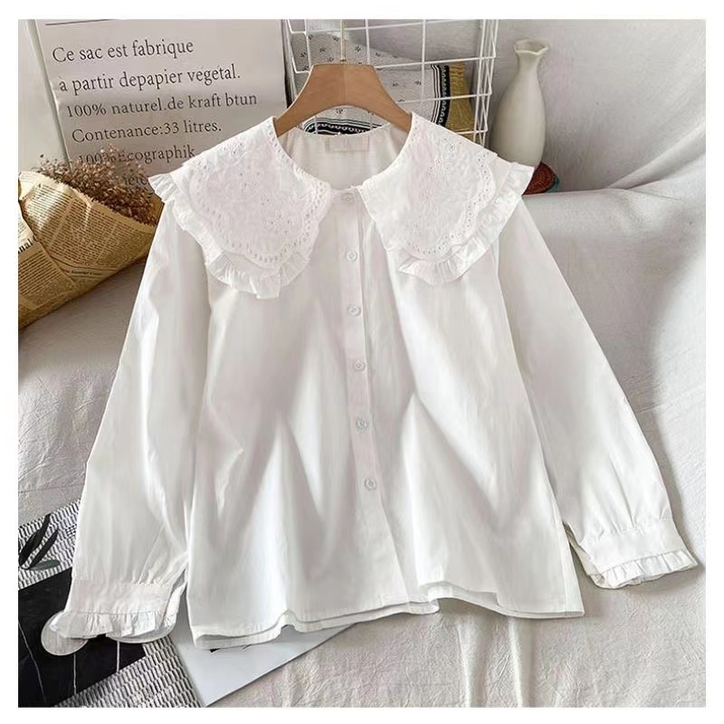 Áo Sơ Mi Nữ Tay Dài Cổ Búp Bê Phối Ren Phong Cách Hàn Quốc baju baju wanita Lenan panjang