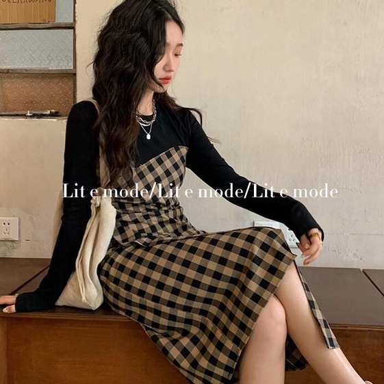 Đầm ngắn SUXI dáng chữ A họa tiết sọc caro phong cách cổ điển thời trang xuân thu xinh xắn cho nữ