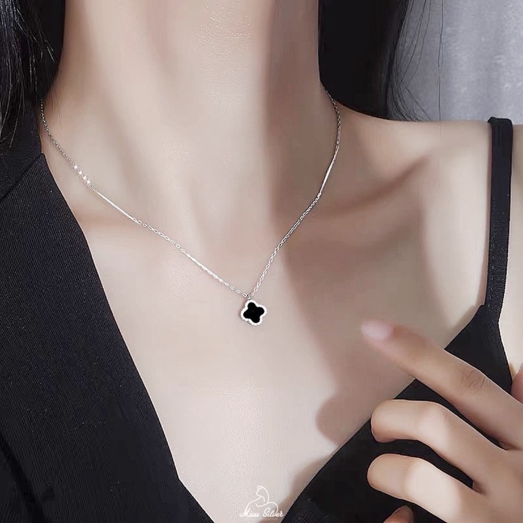 Dây chuyền nữ bạc 925 Miuu Silver, vòng cổ bạc nữ Cỏ 4 Lá đính đá đen Clover Necklace