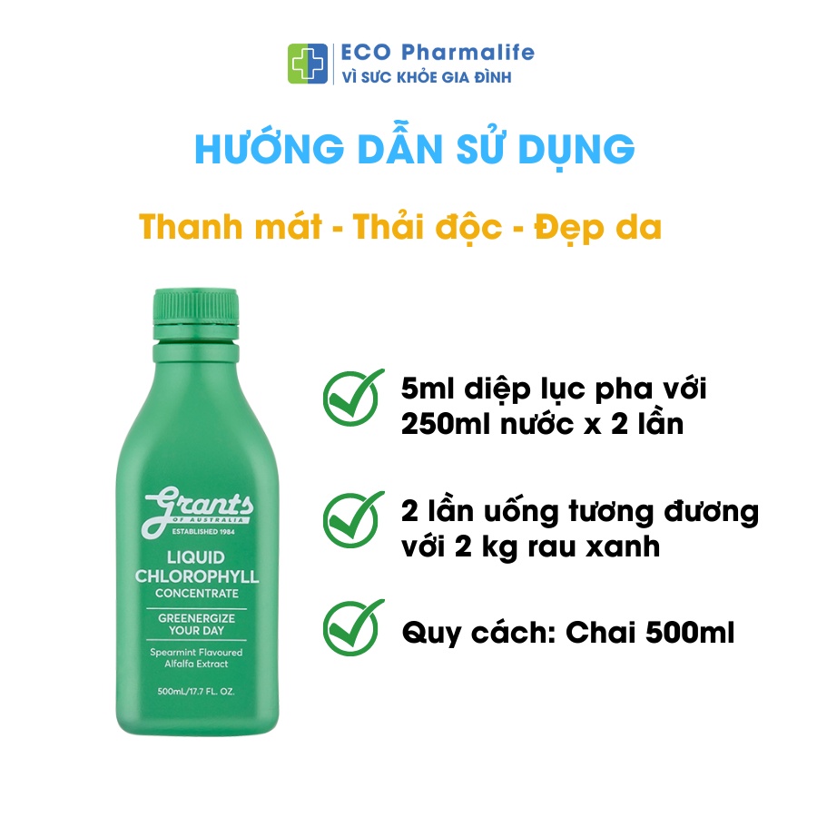 Nước diệp lục cô đặc Grants bổ sung chất xơ, vitamin, hỗ trợ giảm căng thẳng, mệt mỏi và bảo vệ gan