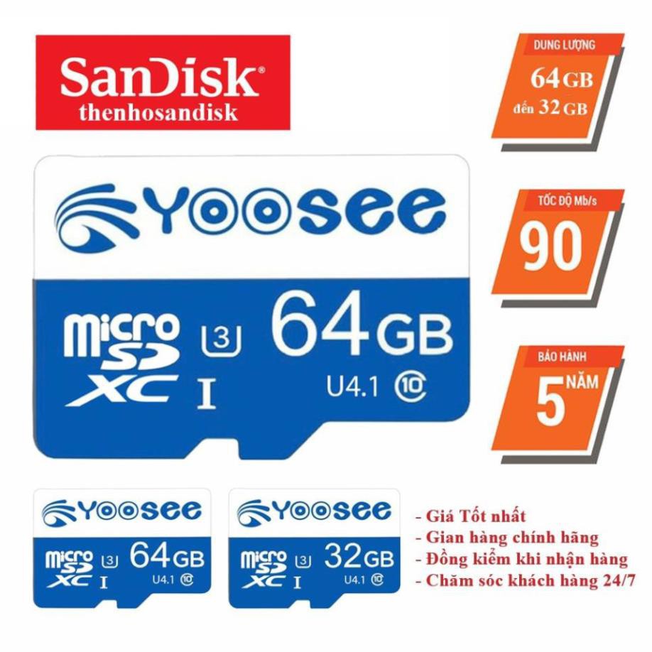 Thẻ nhớ 64GB/32GB YOOSEE Class 10 90Mb/s, Thẻ nhớ Yoosee chuyên camera Yoosee,Điện thoại,loa đài- Bảo hành 5 năm 1 đổi 1