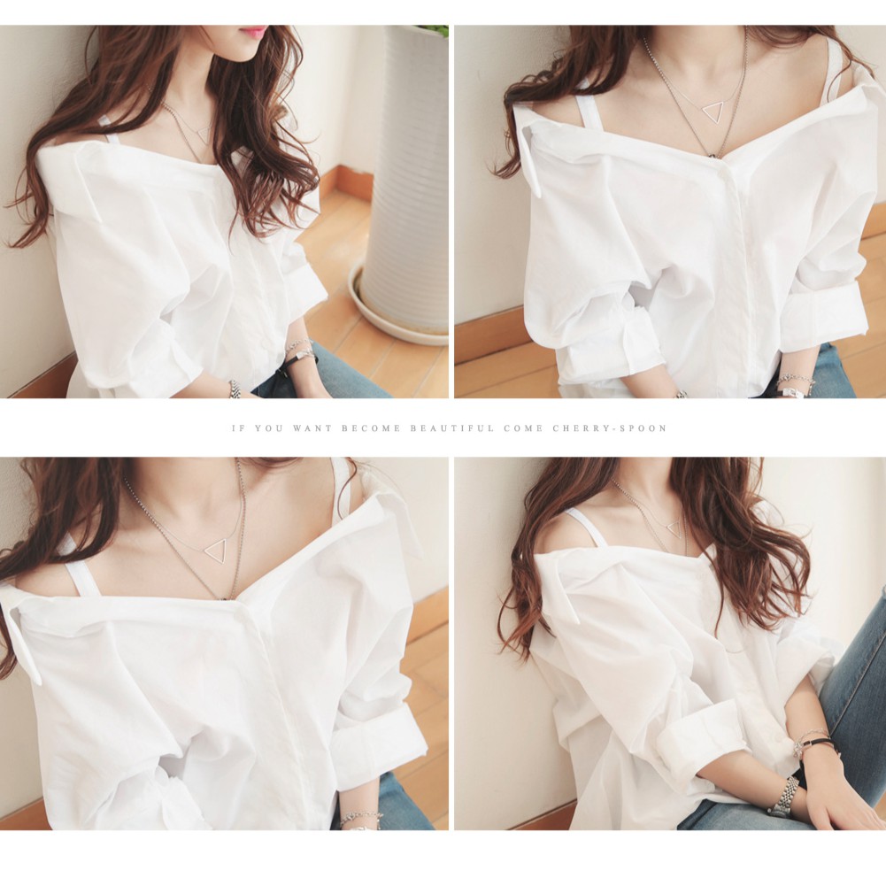 Áo trễ vai SUXI tay dài dáng rộng màu trắng thời trang cho nữ