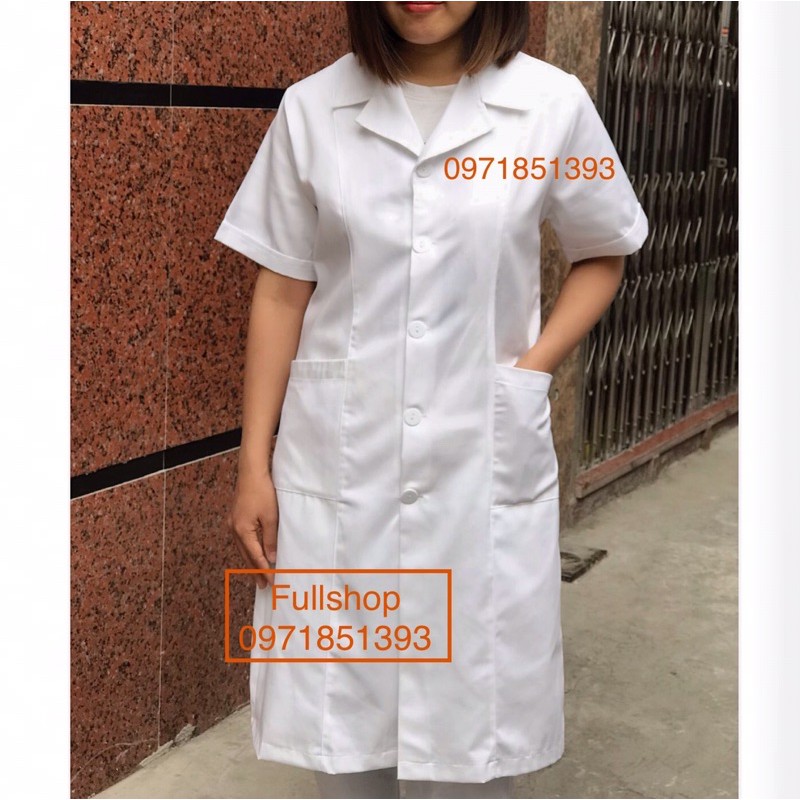 Áo Blouse trắng nữ cộc tay, dài tay túi chéo cao cấp - Áo blu bác sĩ nữ, phòng khám, thẩm mỹ viện, spa,...