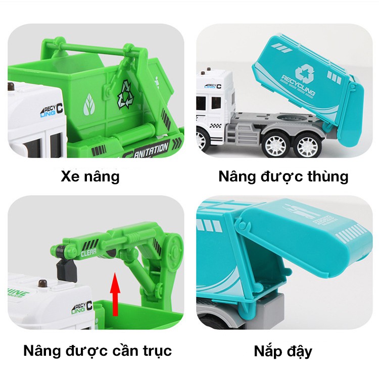 Bộ đồ chơi xe vệ sinh môi trường cho bé gồm 4 chiếc, nhựa ABS an toàn, chi tiêt sắc sảo, chuyển động các khớp xe