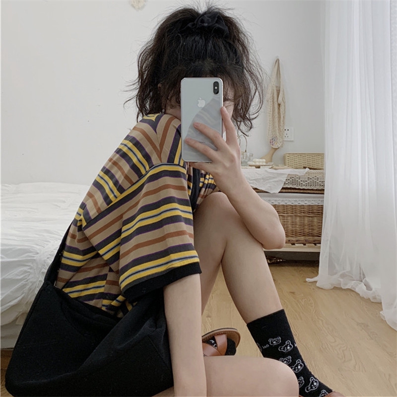 Áo Thun Nữ Ngắn Tay Sọc Ngang Thời Trang Hàn Quốc