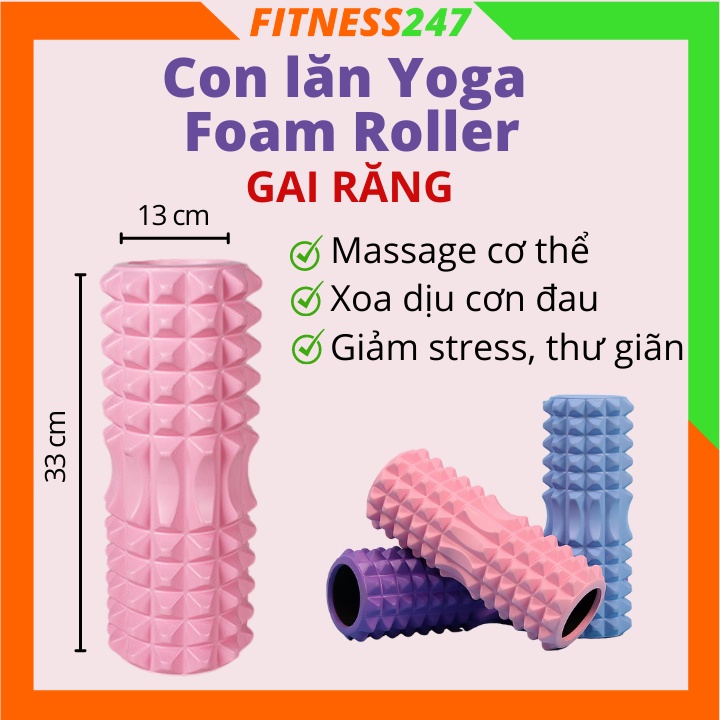 Con lăn Massage Yoga Gai răng Ống trụ lăn xốp chịu lực 33cm, Massage chân, lưng, đùi, giãn cơ hiệu quả