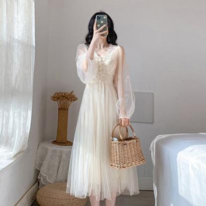 [Hàng Sẵn] Váy Trắng Tiểu Thư - Đầm Ren Công Chúa Đáng Yêu Xinh Xắn Phong Cách Thời Trang Hàn Quốc Tay Lưới Dài QCCC ‣ *