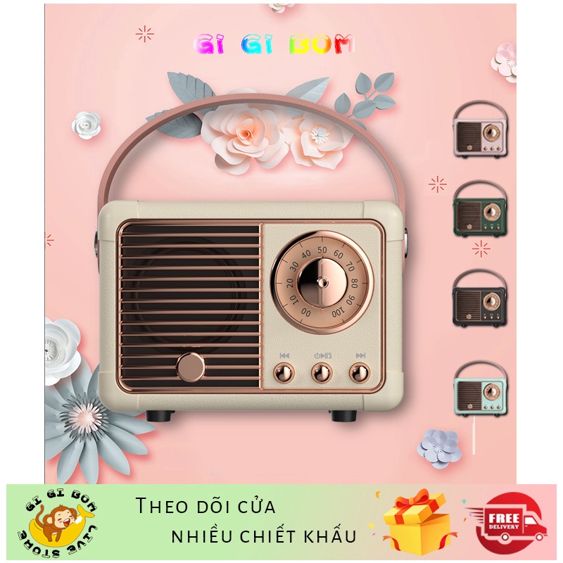 GiGiBomstore Loa mini Bluetooth 5.0, kết nối Bluetooth không dây âm trầm phong cách retro, hỗ trợ cắm đĩa U