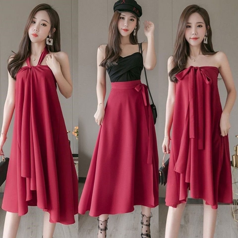Chân váy vải voan mỏng lưng cao xẻ tà kiểu quần không đối xứng màu trơn đa năng thời trang mới