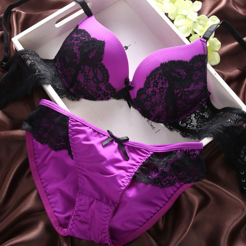 Set áo ngực Women Bra Set Embroidered Lace Sexy Stitching Color 3/4 Cup Gathered Bra + Briefs Set