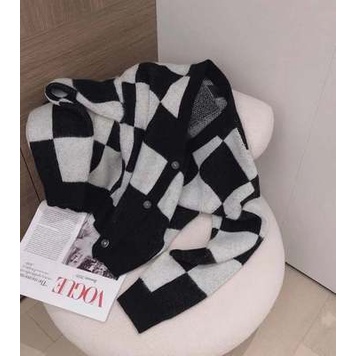 Áo khoác cardigan len kẻ ô Candykeen cheap moment Blackpink đen trắng