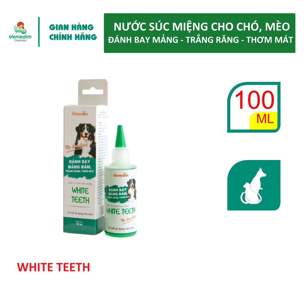 Nước súc miệng WHITE TEETH (Vemedim) đánh bay mảng bám, trắng răng, thơm mát dùng cho chó, mèo, chai 100ml