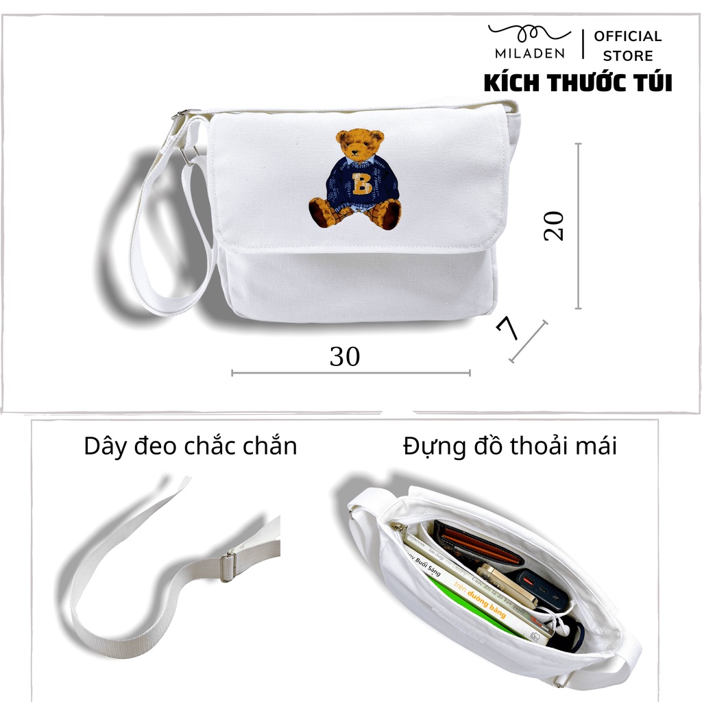 Túi đeo chéo canvas đi chơi đi học nam nữ unisex gấu teddy thương hiệu MILADEN