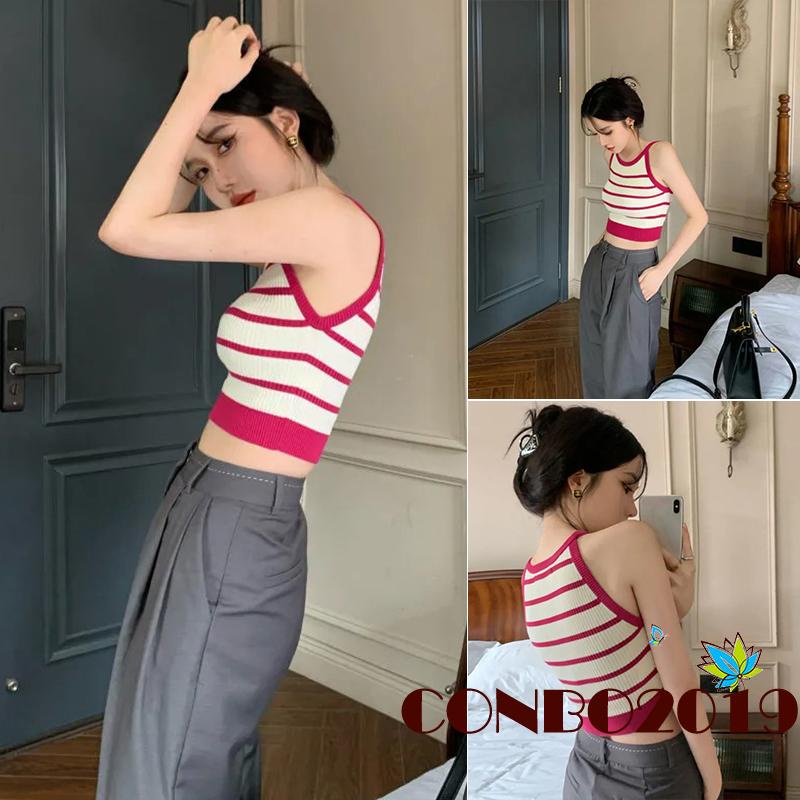 Áo Croptop Dệt Kim Không Tay Cổ Tròn Họa Tiết Kẻ Sọc Vintage Cho Nữ