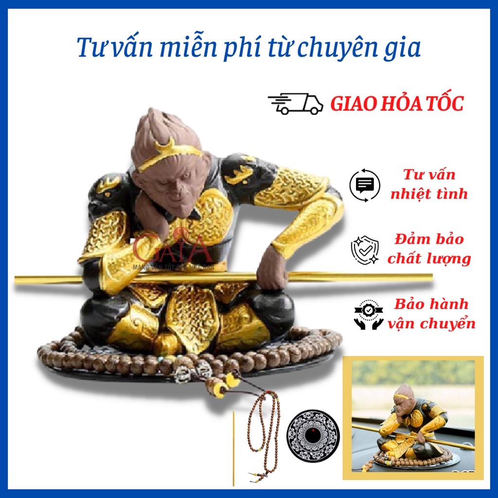 Tượng đấu chiến thắng phật - tượng tôn ngộ không kèm đế dán oto, chuỗi hạt và gậy thiết bảng