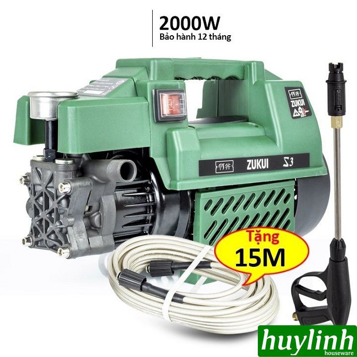 Máy xịt rửa xe mini gia đình Zukui S3 2000W - may rua xe - Dây cao áp 15 mét + thân nối dài