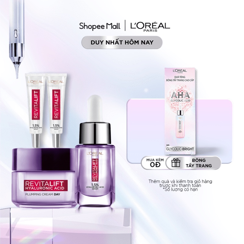 Bộ kem dưỡng 50ml &amp; Serum siêu cấp ẩm 15ml &amp; 2 mini giảm nếp nhăn Revitalift Pure Hyaluronic Acid 1.5% L'Oreal Paris