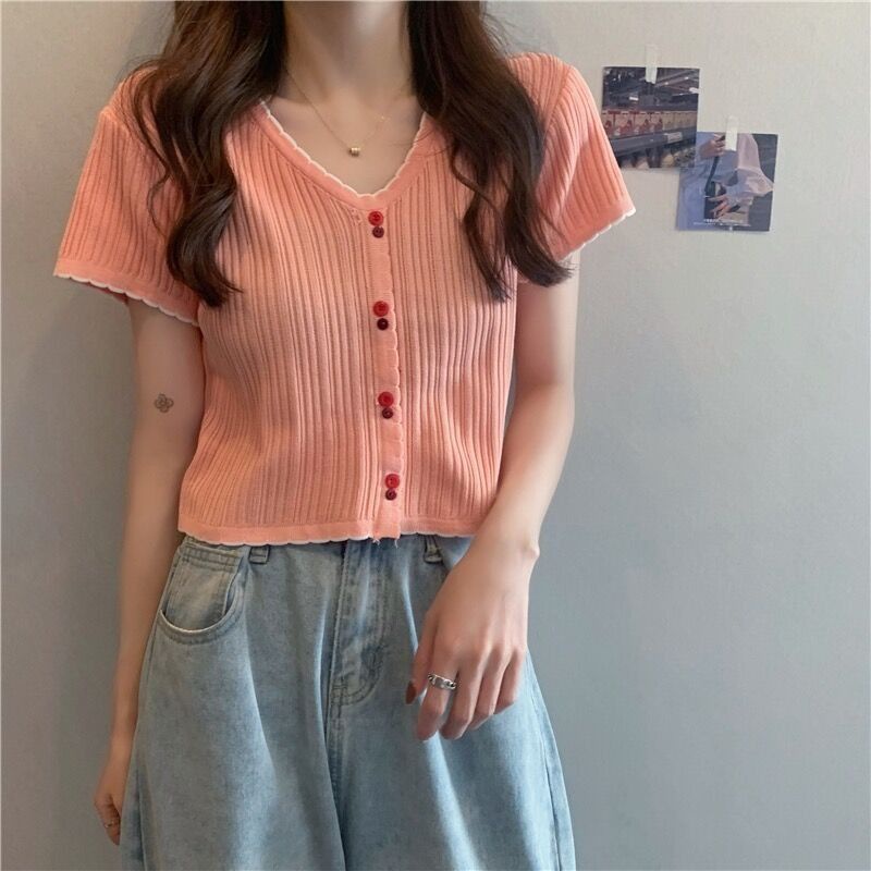 Áo Dệt Kim Tay Ngắn Cổ Chữ v Chất Liệu Lụa Mát Cao Cấp Thời Trang